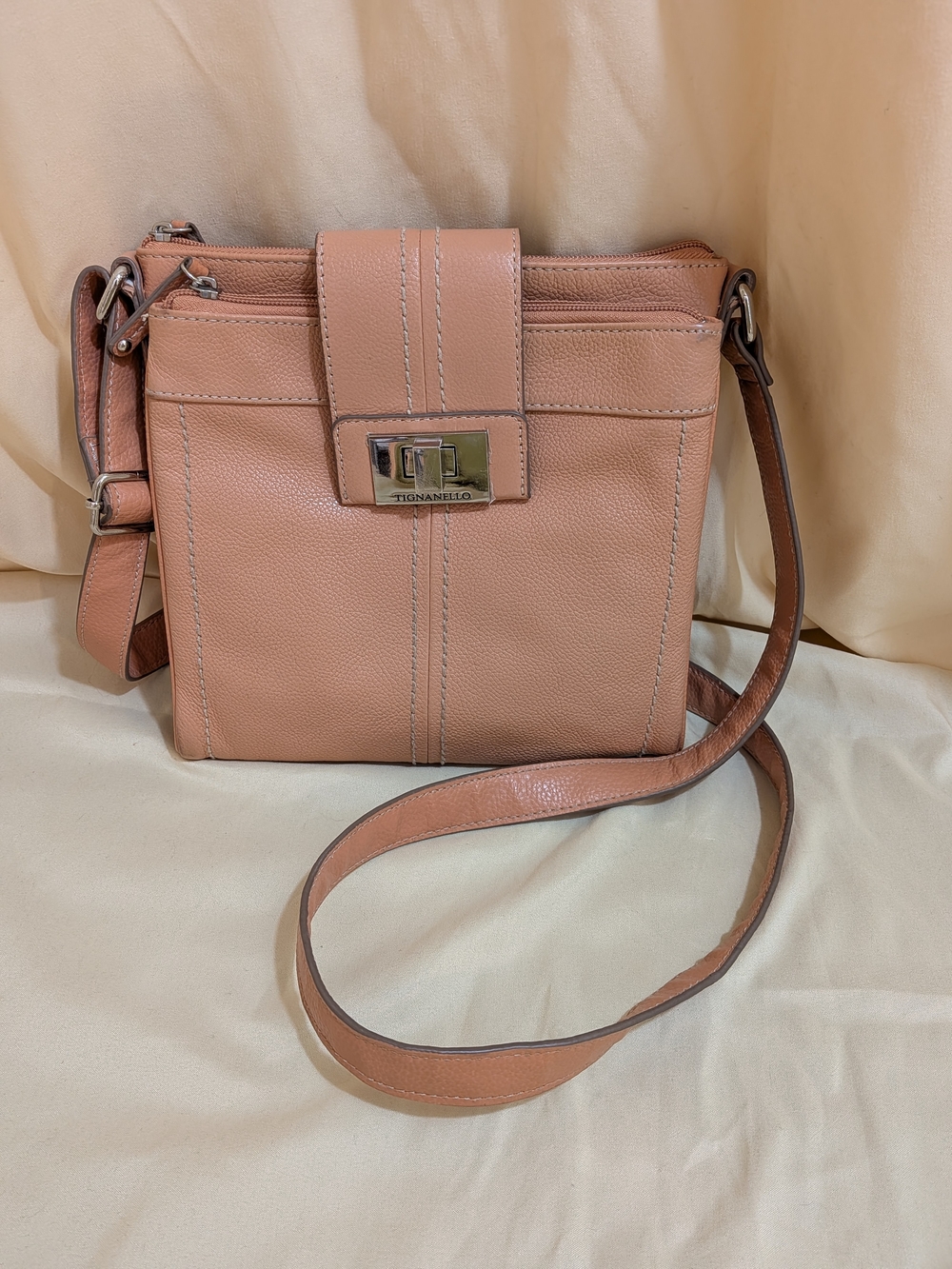 Tignanello Peach Leather Turn-Lock Crossbody Bag